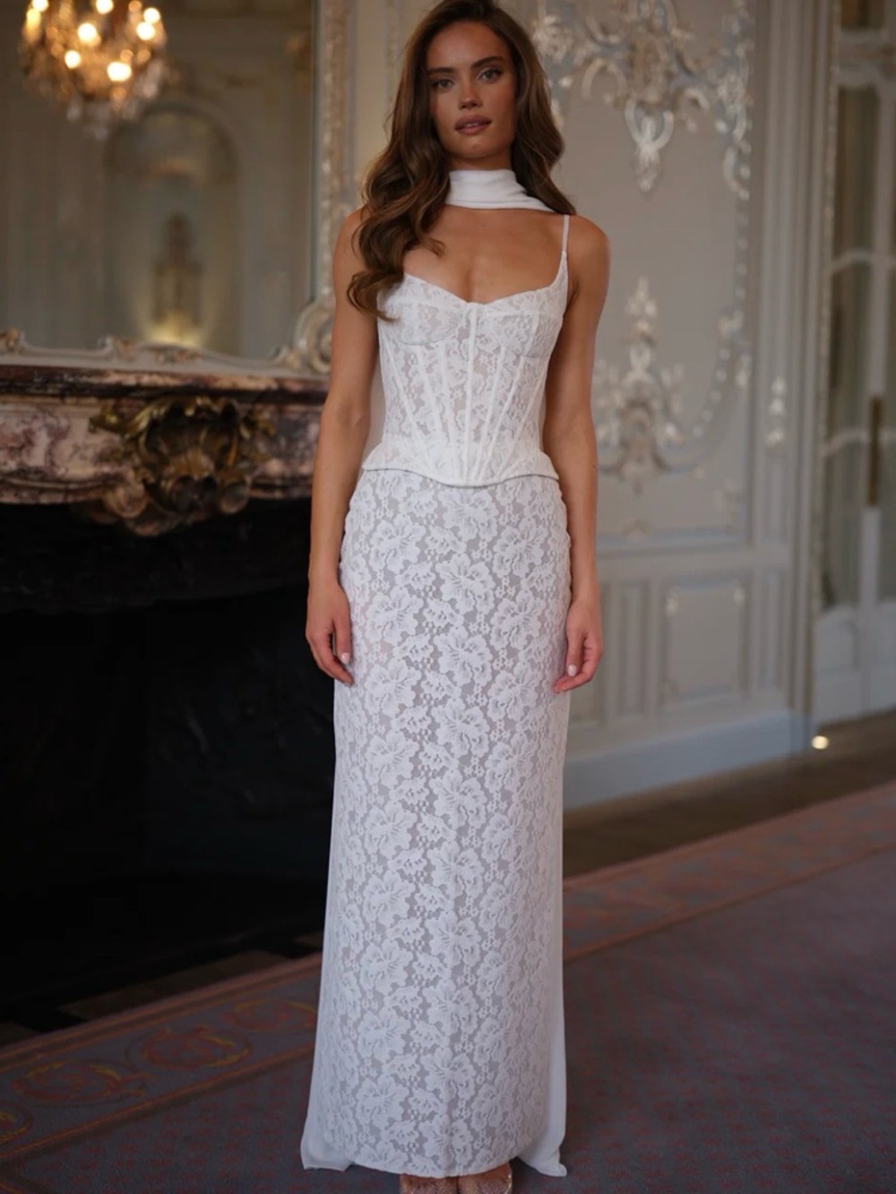 Elegant White Lace Wedding Dress with Chiffon neck scarf